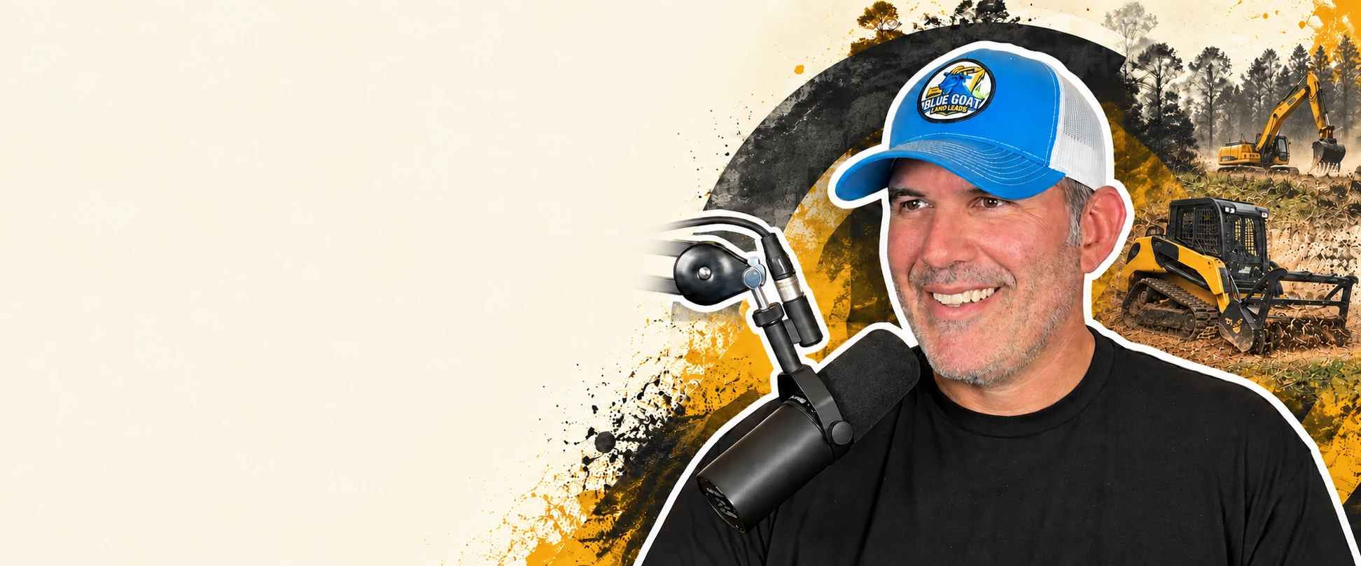 Illustrated panorama of Josh Stockel at a microphone with land-clearing machinery